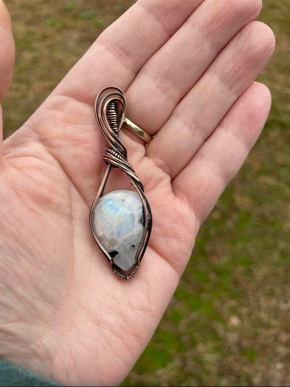 Hand Crafted Moonstone Pendant with Copper Wire Wrap
